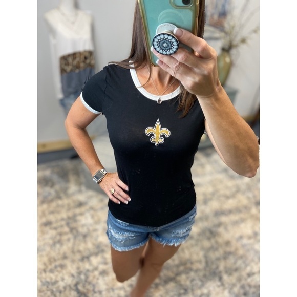 New Orleans Saints Fleur de Lis Contrast Trim Crew Neck  Top Black Ivory 2419 - Picture 6 of 7
